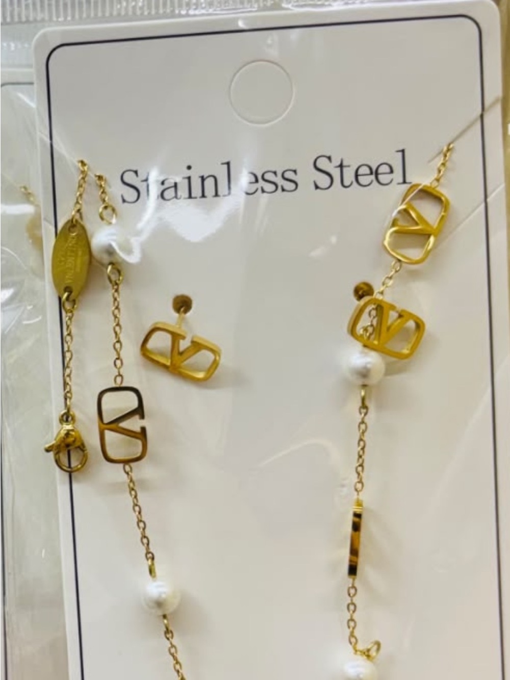 Gold Stainless Steel Necklace and Stud Earring Set with Pearls